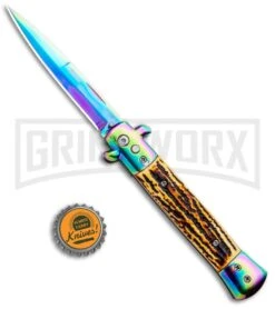 Milano 9" Stiletto Sim Stag Automatic Knife - Bayonet Spectrum -Deals Blade Master Store Milano 9in Stiletto Sim Stag Auto Bayo Spectrum GSE018RBSTG GX 33516 jr bottlecap large