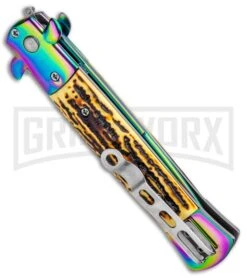 Milano 9" Stiletto Sim Stag Automatic Knife - Bayonet Spectrum -Deals Blade Master Store Milano 9in Stiletto Sim Stag Auto Bayo Spectrum GSE018RBSTG GX 33516 jr side large