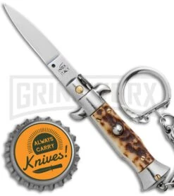 SKM 2.75" Italian Stiletto Keychain Stag Automatic Knife - Satin Plain 7 SKM 2.75" Italian Stiletto Keychain Stag Automatic Knife - Satin Plain -Deals Blade Master Store SKM 2.75in Italian Stiletto Keychain Sim Abalone Auto Satin GX 36953 jr bottlecap large