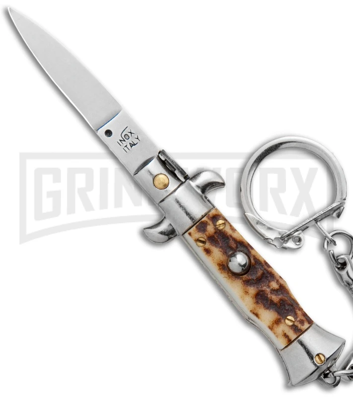 SKM 2.75" Italian Stiletto Keychain Stag Automatic Knife - Satin Plain 1 SKM 2.75" Italian Stiletto Keychain Stag Automatic Knife - Satin Plain