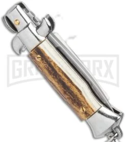 SKM 2.75" Italian Stiletto Keychain Stag Automatic Knife - Satin Plain 6 SKM 2.75" Italian Stiletto Keychain Stag Automatic Knife - Satin Plain -Deals Blade Master Store SKM 2.75in Italian Stiletto Keychain Sim Abalone Auto Satin GX 36953 jr side large