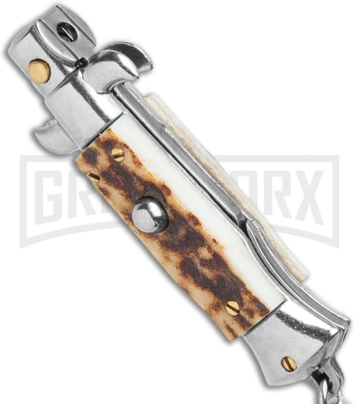 SKM 2.75" Italian Stiletto Keychain Stag Automatic Knife - Satin Plain 2 SKM 2.75" Italian Stiletto Keychain Stag Automatic Knife - Satin Plain - Image 2