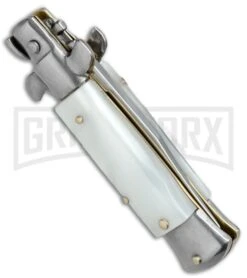SKM 4.5" Italian Mini Stiletto White Pearlex Automatic Knife - Clip Point -Deals Blade Master Store SKM 4.5in Stiletto White Pearlex Clip Point BHQ 52387 jr side large