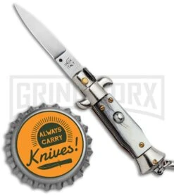 SKM 4" Italian Stiletto Brazilian Horn Automatic Knife Keychain - Flat Grind -Deals Blade Master Store SKM 4in Keychain Stiletto Auto Brazilian Horn Satin Flat BHQ 125146 jr bottlecap large