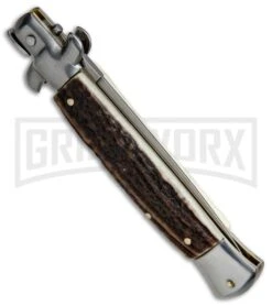 SKM/AB 9" Stag Horn Italian Stiletto Automatic Knife - Satin Spear Point -Deals Blade Master Store SKM AB 9in Stiletto Dagger Stag Horn BP 19246 jr side large