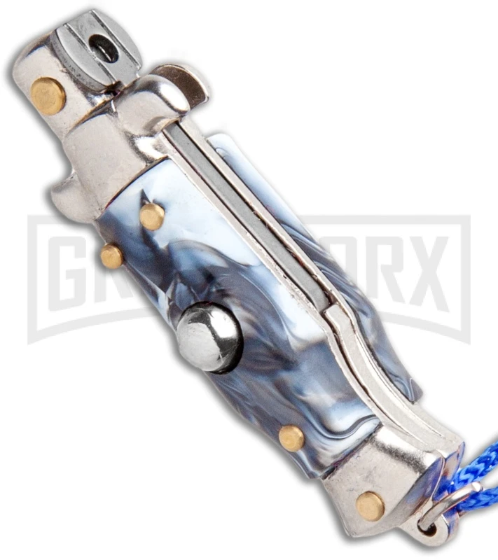 Italian Stiletto Gray Marble Automatic Knife Blue Keychain - Flat Grind 2 Italian Stiletto Gray Marble Automatic Knife Blue Keychain - Flat Grind - Image 2