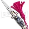 Italian Stiletto Gray Marble Automatic Knife Pink Keychain - Flat Grind