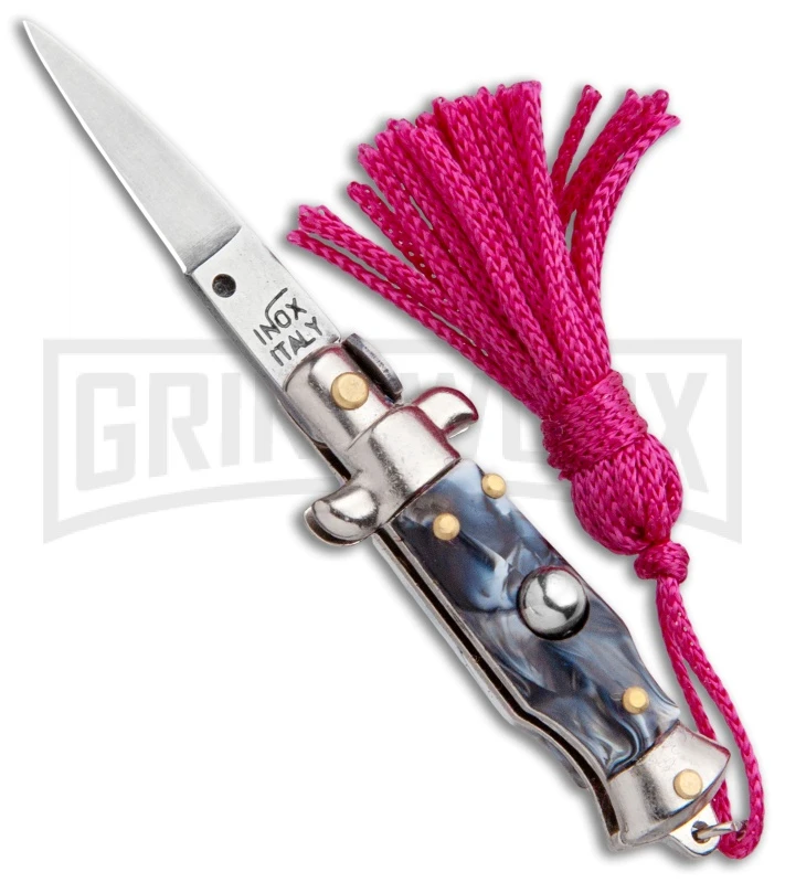 Italian Stiletto Gray Marble Automatic Knife Pink Keychain - Flat Grind 1 Italian Stiletto Gray Marble Automatic Knife Pink Keychain - Flat Grind