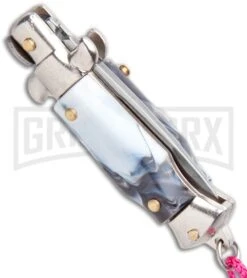 Italian Stiletto Gray Marble Automatic Knife Pink Keychain - Flat Grind 6 Italian Stiletto Gray Marble Automatic Knife Pink Keychain - Flat Grind -Deals Blade Master Store SKM Italian Stiletto Keychain Auto Marble Pink Satin BHQ 102938 jr side large