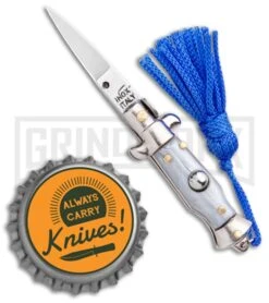 Italian Stiletto Gray Automatic Knife Blue Keychain - Flat Grind -Deals Blade Master Store SKM Italian Stiletto Keychain Auto Silver Blue Satin BHQ 102946 jr bottlecap large