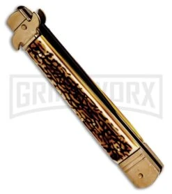 CKM 9.75" Slimline Stag Leverlock Automatic Knife - Black -Deals Blade Master Store SKM Slimline Stag Leverlock Knife BHQ 94931 ns.side large