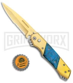 Super Knife Croc Automatic Knife Gold W/ Blue Inlay - Gold Serr 7 Super Knife Croc Automatic Knife Gold W/ Blue Inlay - Gold Serr -Deals Blade Master Store Super Knife Croc Auto Stainless Gold Blue Serr GX 35767 jr bottlecap large