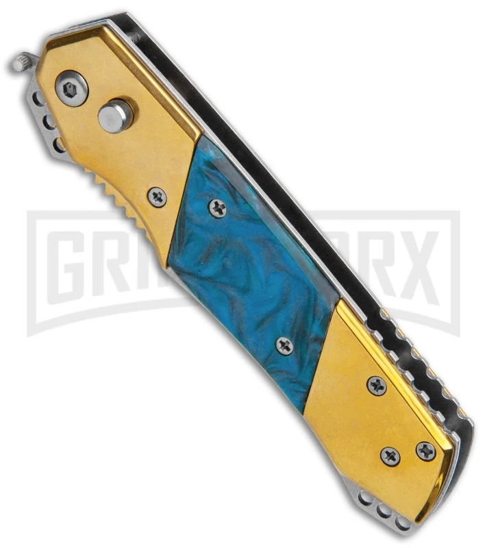 Super Knife Croc Automatic Knife Gold W/ Blue Inlay - Gold Serr 2 Super Knife Croc Automatic Knife Gold W/ Blue Inlay - Gold Serr - Image 2