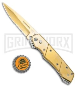 Super Knife Croc Automatic Knife Stainless Gold W/ Gold Inlay - Gold Serr 7 Super Knife Croc Automatic Knife Stainless Gold W/ Gold Inlay - Gold Serr -Deals Blade Master Store Super Knife Croc Auto Stainless Gold Gold Inlay Gold Serr GX 34967 jr bottlecap large