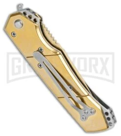Super Knife Croc Automatic Knife Stainless Gold W/ Gold Inlay - Gold Serr 6 Super Knife Croc Automatic Knife Stainless Gold W/ Gold Inlay - Gold Serr -Deals Blade Master Store Super Knife Croc Auto Stainless Gold Gold Inlay Gold Serr GX 34967 jr side large