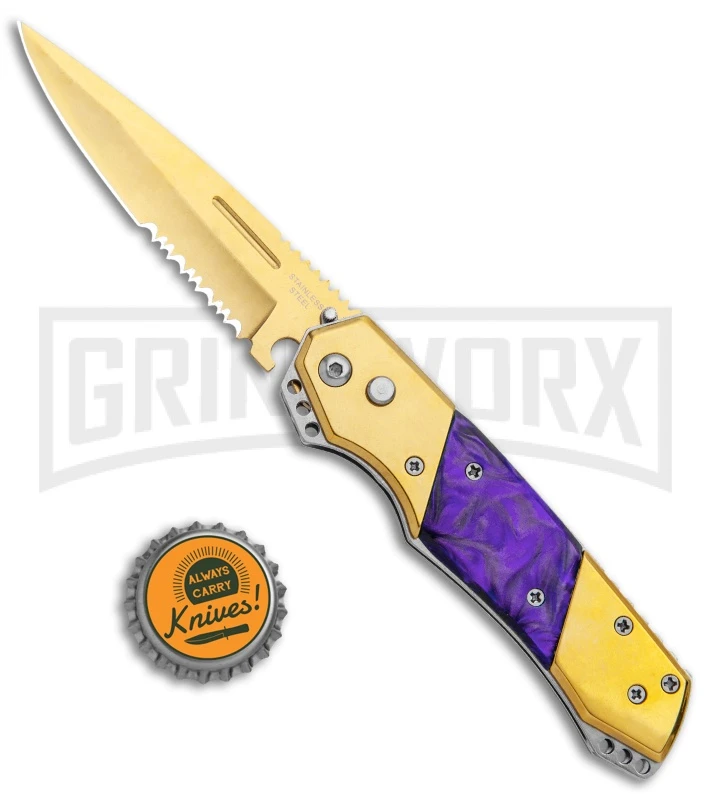 Super Knife Croc Automatic Knife Gold W/ Purple Inlay - Gold Serr 4 Super Knife Croc Automatic Knife Gold W/ Purple Inlay - Gold Serr - Image 4