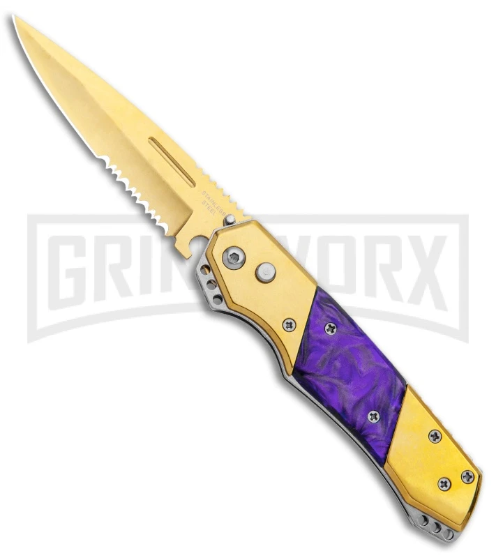Super Knife Croc Automatic Knife Gold W/ Purple Inlay - Gold Serr 1 Super Knife Croc Automatic Knife Gold W/ Purple Inlay - Gold Serr