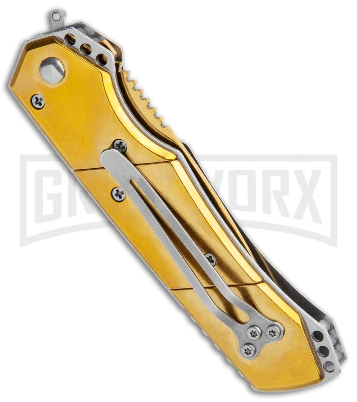 Super Knife Croc Automatic Knife Gold W/ Purple Inlay - Gold Serr 3 Super Knife Croc Automatic Knife Gold W/ Purple Inlay - Gold Serr - Image 3