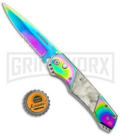 Super Knife Croc Automatic Knife Stainless Rainbow W/ White Inlay - Rainbow Serr -Deals Blade Master Store Super Knife Croc Auto Stainless Rainbow White Spectrum Serr GX 35780 jr bottlecap large