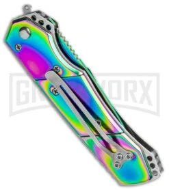 Super Knife Croc Automatic Knife Stainless Rainbow W/ White Inlay - Rainbow Serr -Deals Blade Master Store Super Knife Croc Auto Stainless Rainbow White Spectrum Serr GX 35780 jr side large