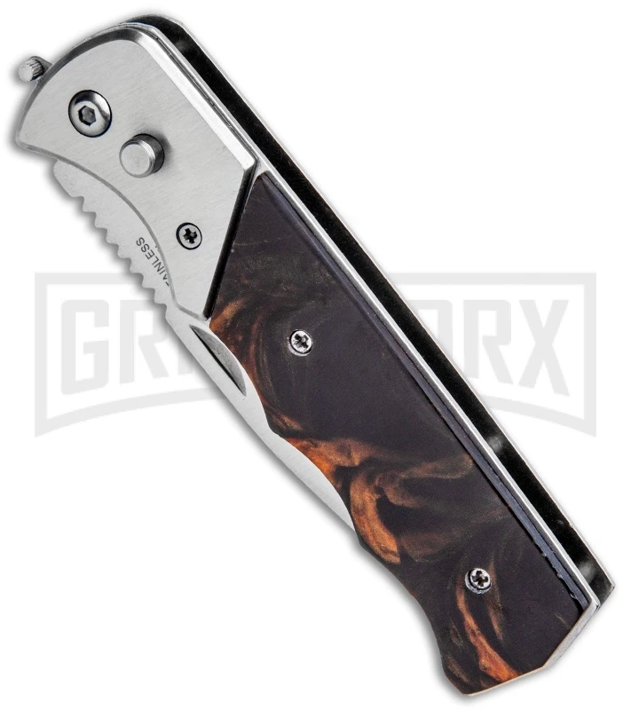 Super Knife Dingo Brown Marble Acrylic Automatic Knife - Satin Serr 2 Super Knife Dingo Brown Marble Acrylic Automatic Knife - Satin Serr - Image 2