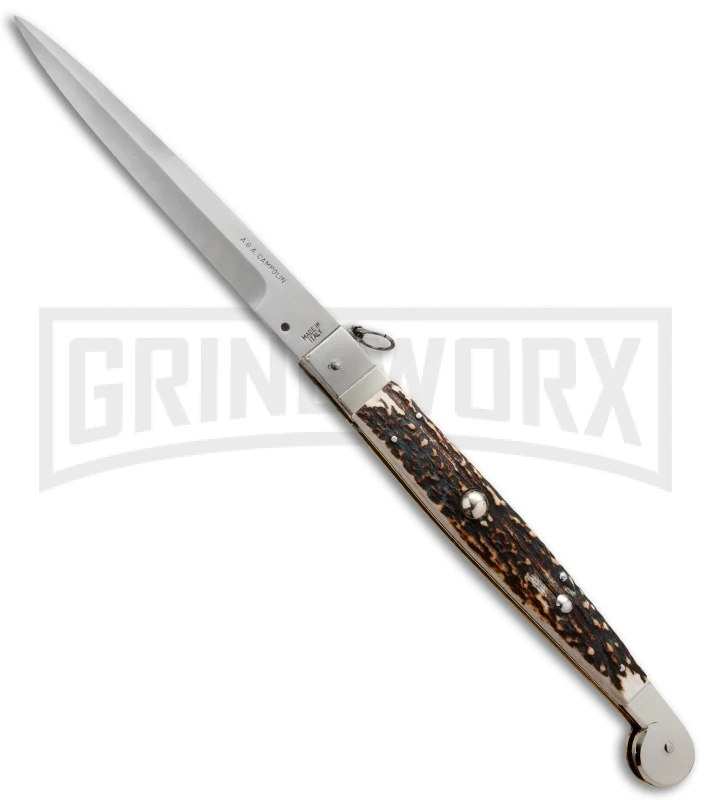 A.G.A. Campolin 16" Stag Horn Sicilian Ring Pull Automatic Knife - Bayonet 1 A.G.A. Campolin 16" Stag Horn Sicilian Ring Pull Automatic Knife - Bayonet