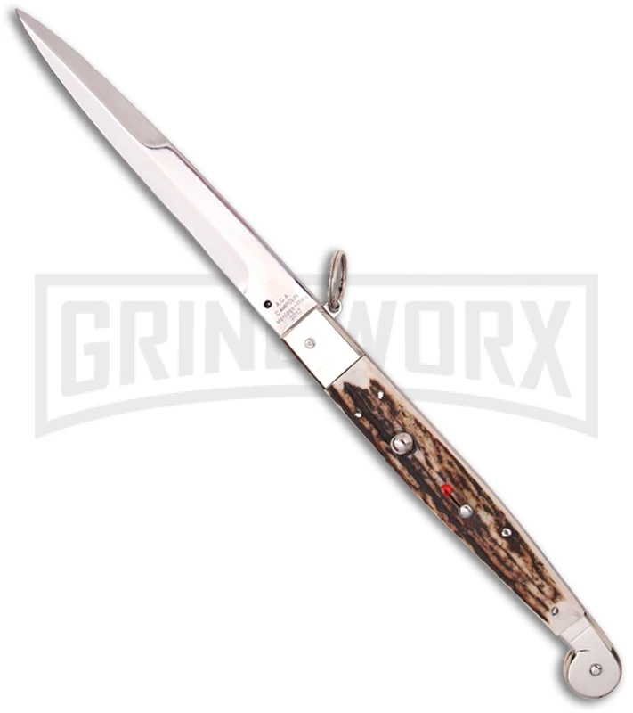 A.G.A. Campolin 12" Stag Horn Sicilian Ring Pull Automatic Knife - Bayonet 1 A.G.A. Campolin 12" Stag Horn Sicilian Ring Pull Automatic Knife - Bayonet