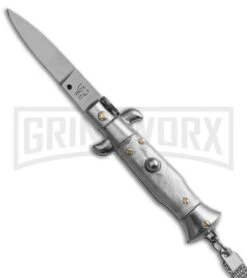 SKM 4" Italian Stiletto Grey Automatic Knife Keychain - Flat Grind