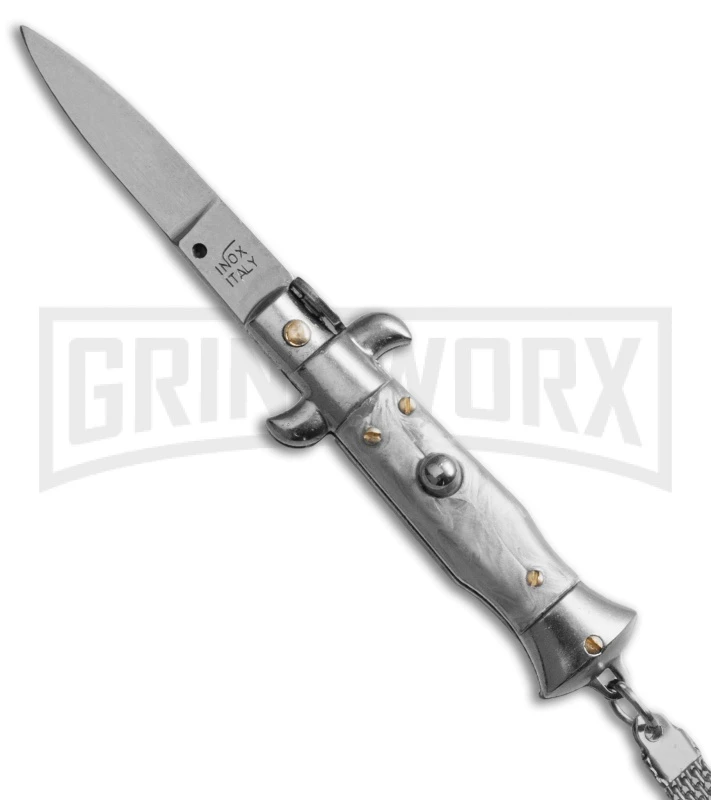 SKM 4" Italian Stiletto Grey Automatic Knife Keychain - Flat Grind 1 SKM 4" Italian Stiletto Grey Automatic Knife Keychain - Flat Grind