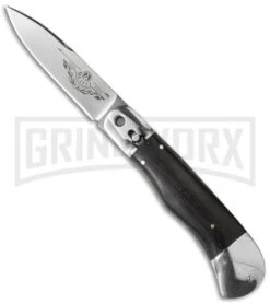 8" Medteh Russian Bottom Bolster Stiletto Dark Wood Automatic Knife - Satin