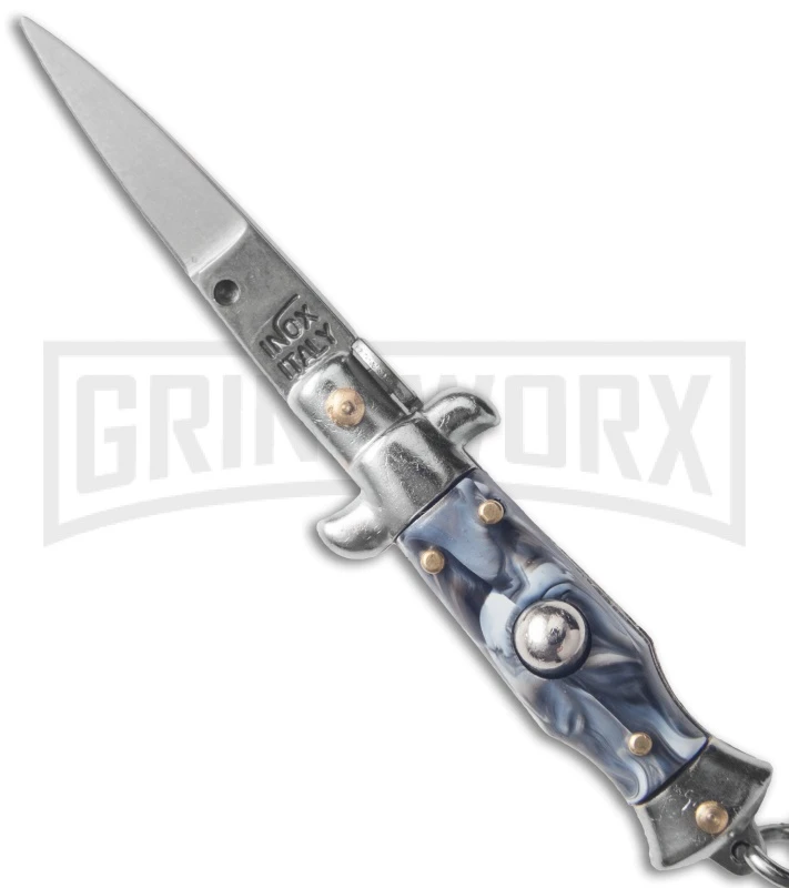 SKM 2.75" Italian Stiletto Keychain Sim Abalone Automatic Knife - Satin Plain 1 SKM 2.75" Italian Stiletto Keychain Sim Abalone Automatic Knife - Satin Plain