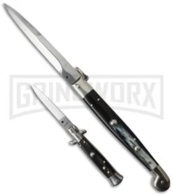 A.G.A. Campolin 12" Dark Horn Sicilian RIng Pull Automatic Knife - Bayonet -Deals Blade Master Store ltd sicilian ring dark bayo 6in dark horn stiletto flat sizes large