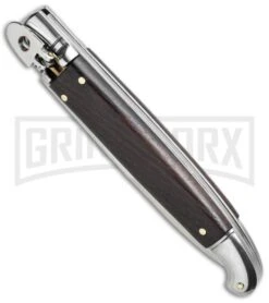 SKM 9.5" Dark Wood Fancy LeverLock Automatic Stiletto Knife - Satin Bayo -Deals Blade Master Store skm 9 5in wood leverlock bottom cm large